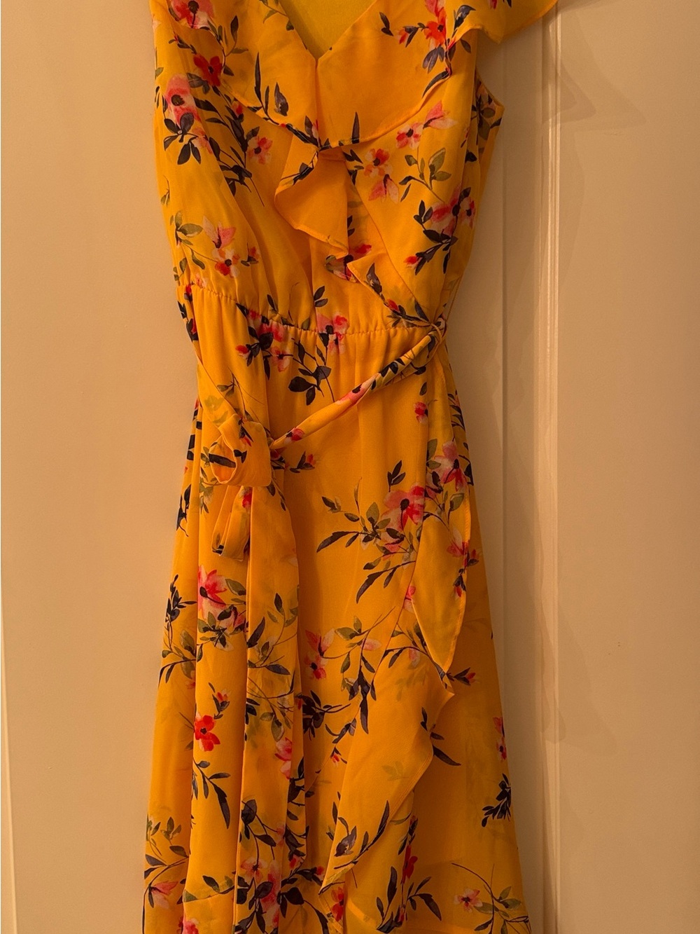 Signature Yellow Floral Ruffle Wrap Midi Dress